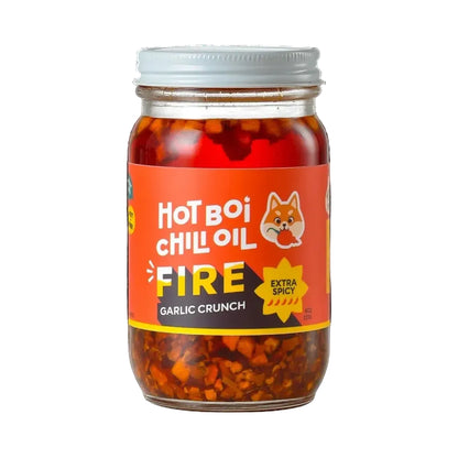 Jar of Hot Boi Chilli Oil with a red label on a white background
