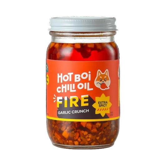 Jar of Hot Boi Chilli Oil with a red label on a white background