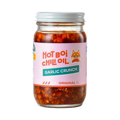 Jar of Hot Boi Chilli Oil Garlic Crunch on a white background