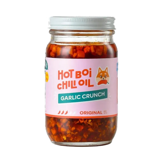 Jar of Hot Boi Chilli Oil Garlic Crunch on a white background