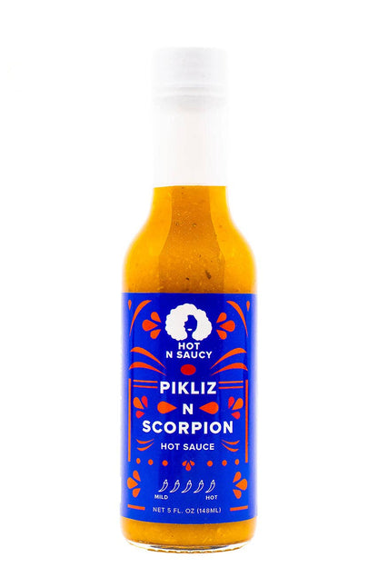 Pikliz and Scorpion hot sauce bottle with blue label on a white background, featuring the brand 'Hot N Saucy'.
