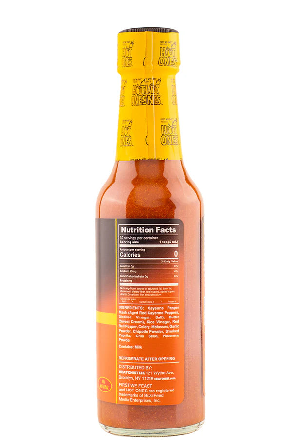 Hot Ones Buffalo sauce bottle with nutrition facts label