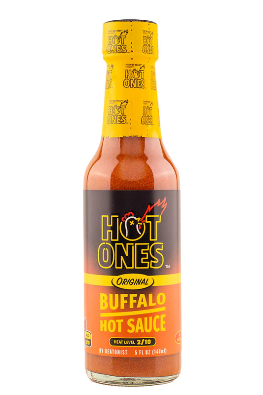 Bottle of Hot Ones Original Buffalo Hot Sauce on a white background
