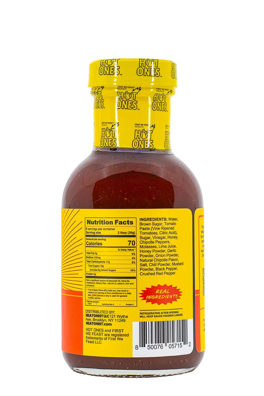 Hot sauce bottle with yellow label and 'Hot Ones' branding on a white background