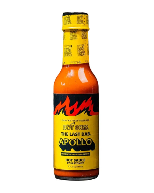 The Last Dab Apollo Pepper Hot sauce bottle with yellow label 