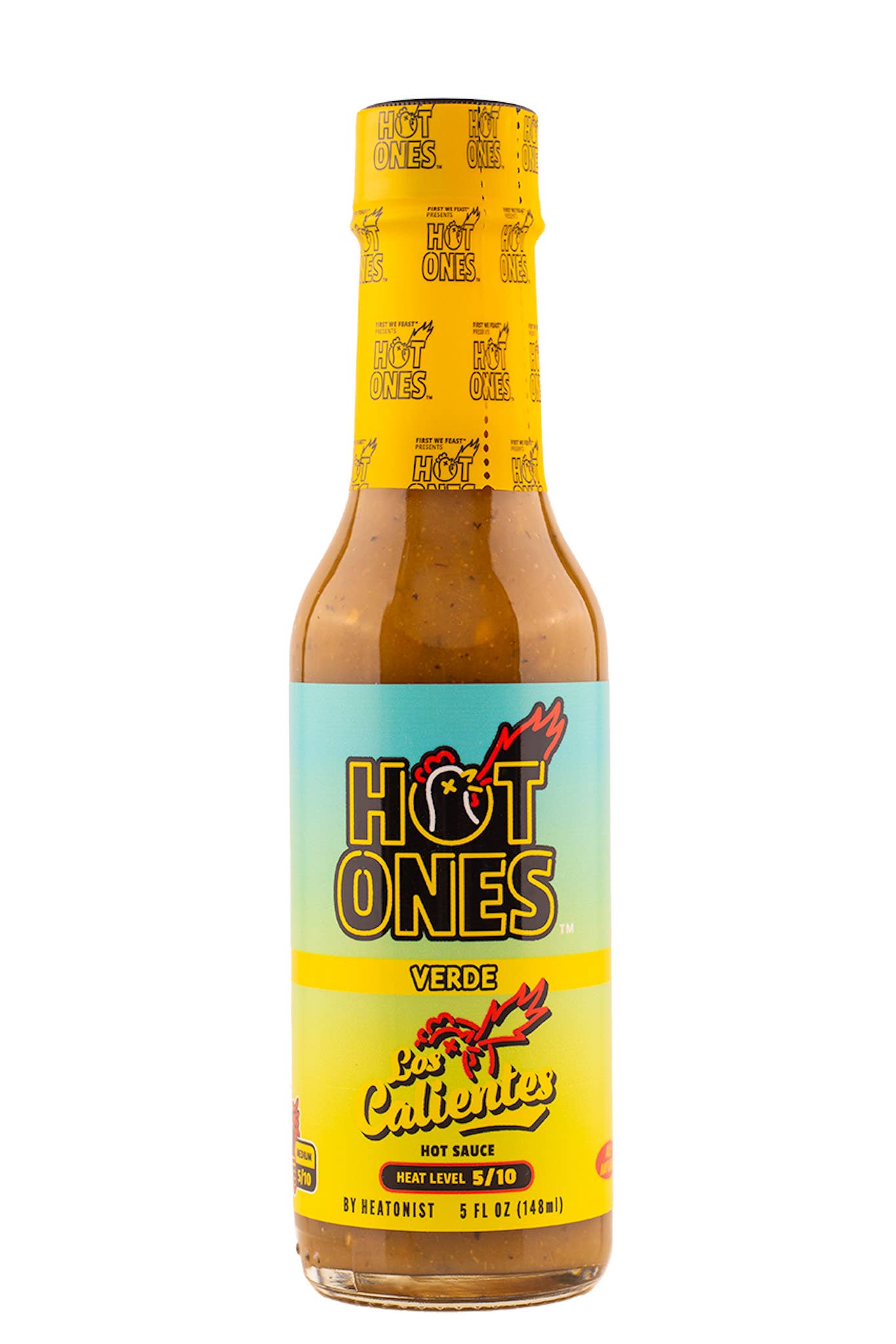 Hot Ones verde hot sauce bottle with yellow label on a white background