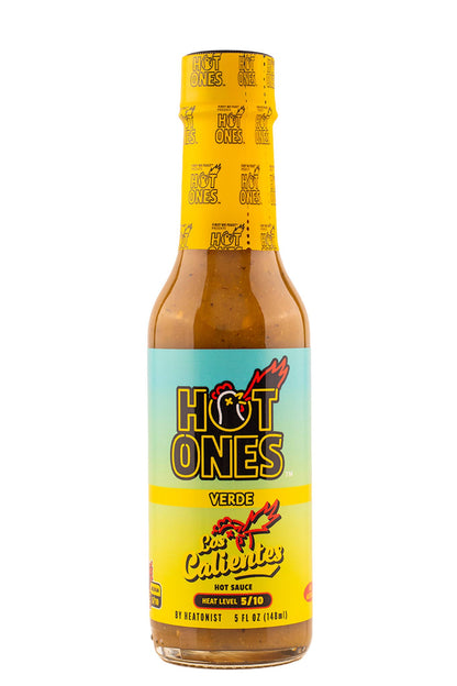 Hot Ones verde hot sauce bottle with yellow label on a white background