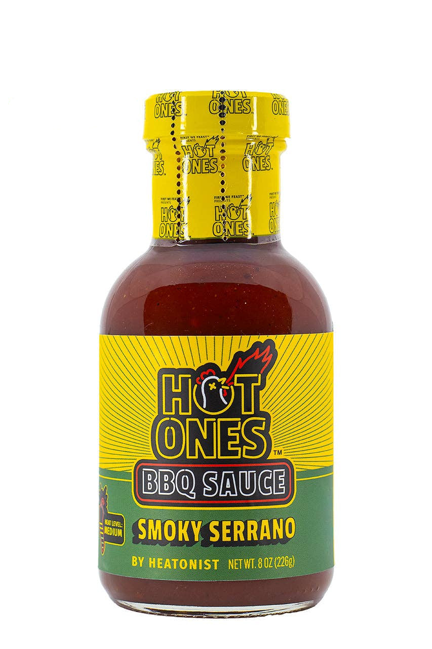 Hot Ones BBQ Sauce bottle with yellow label on a white background