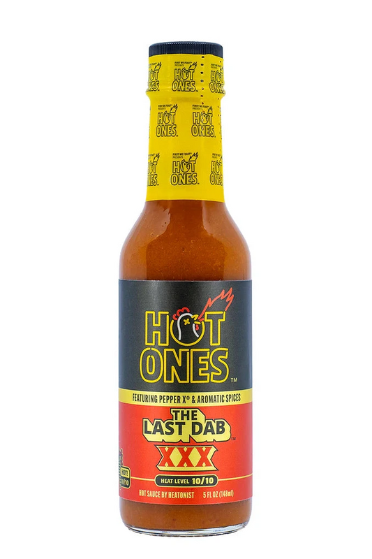 Hot Ones hot sauce bottle with a yellow label on a white background