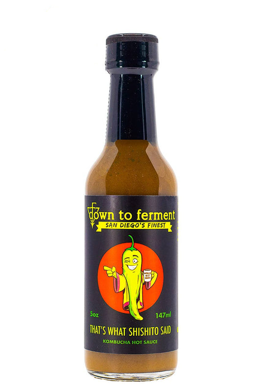 Bottle of 'Down to Ferment' hot sauce with a pepper graphic on a white background