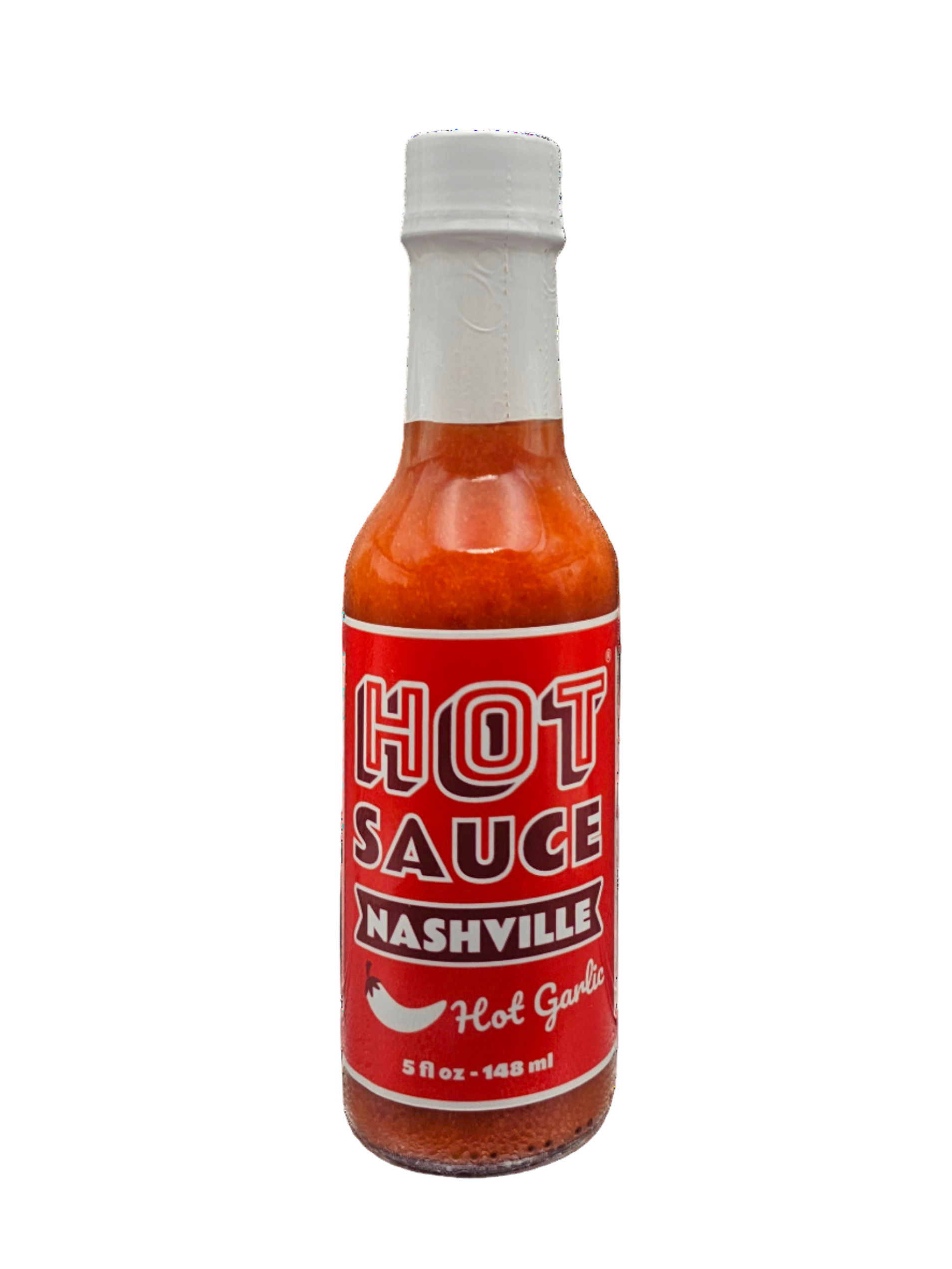 Bottle of Hot Garlic Nashville Hot Sauce on a white background