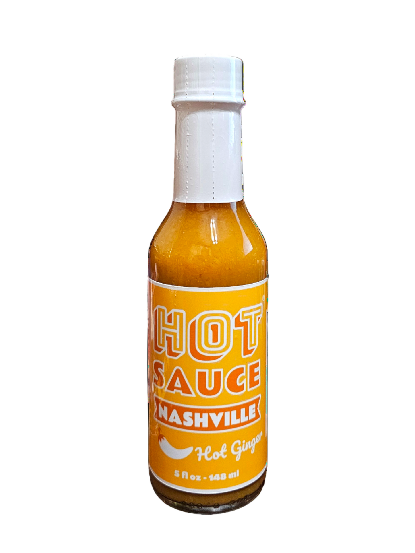 Bottle of Hot Ginger Nashville Hot Sauce on a white background