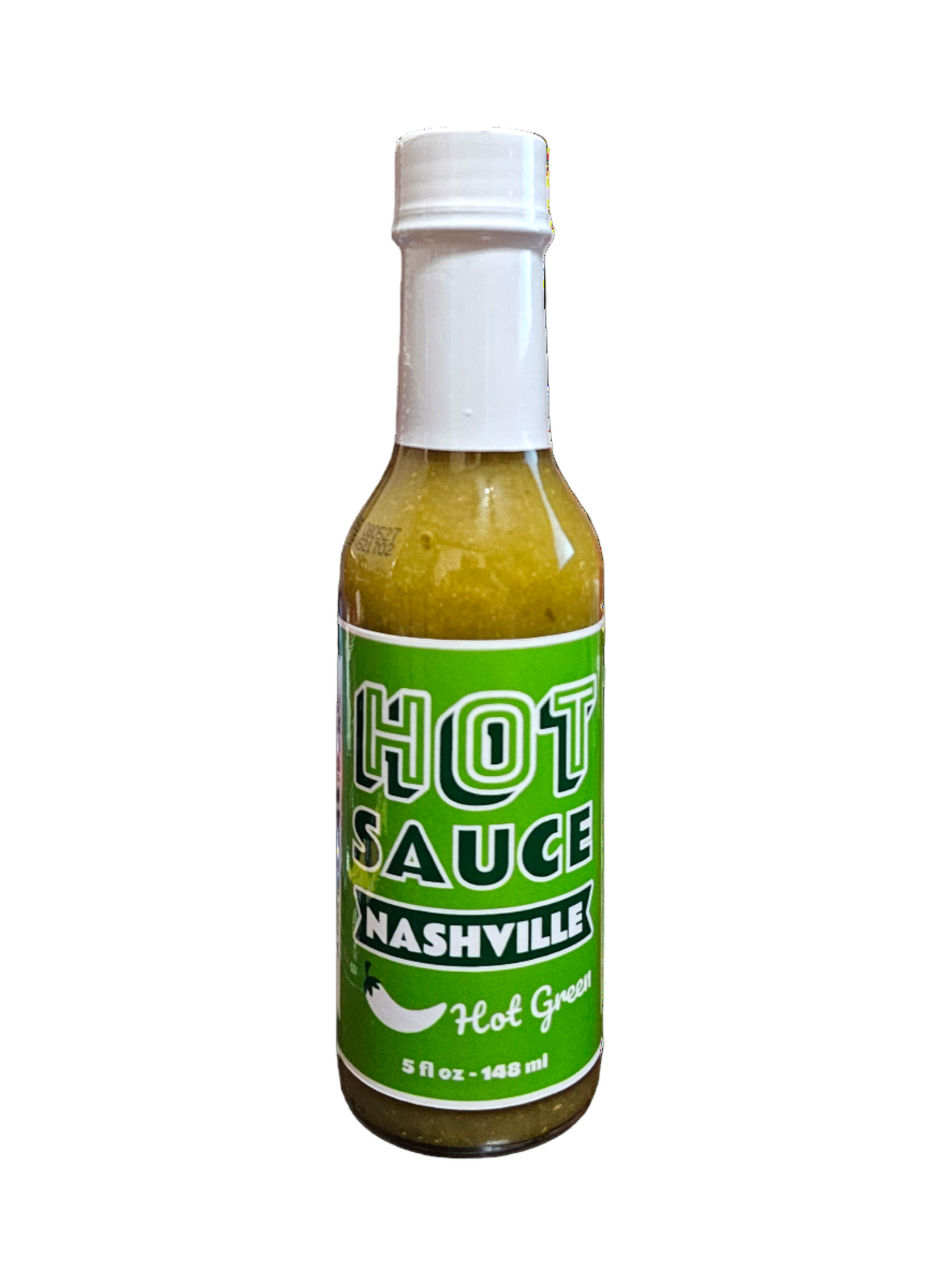 Bottle of Hot Green Nashville Hot Sauce on a white background