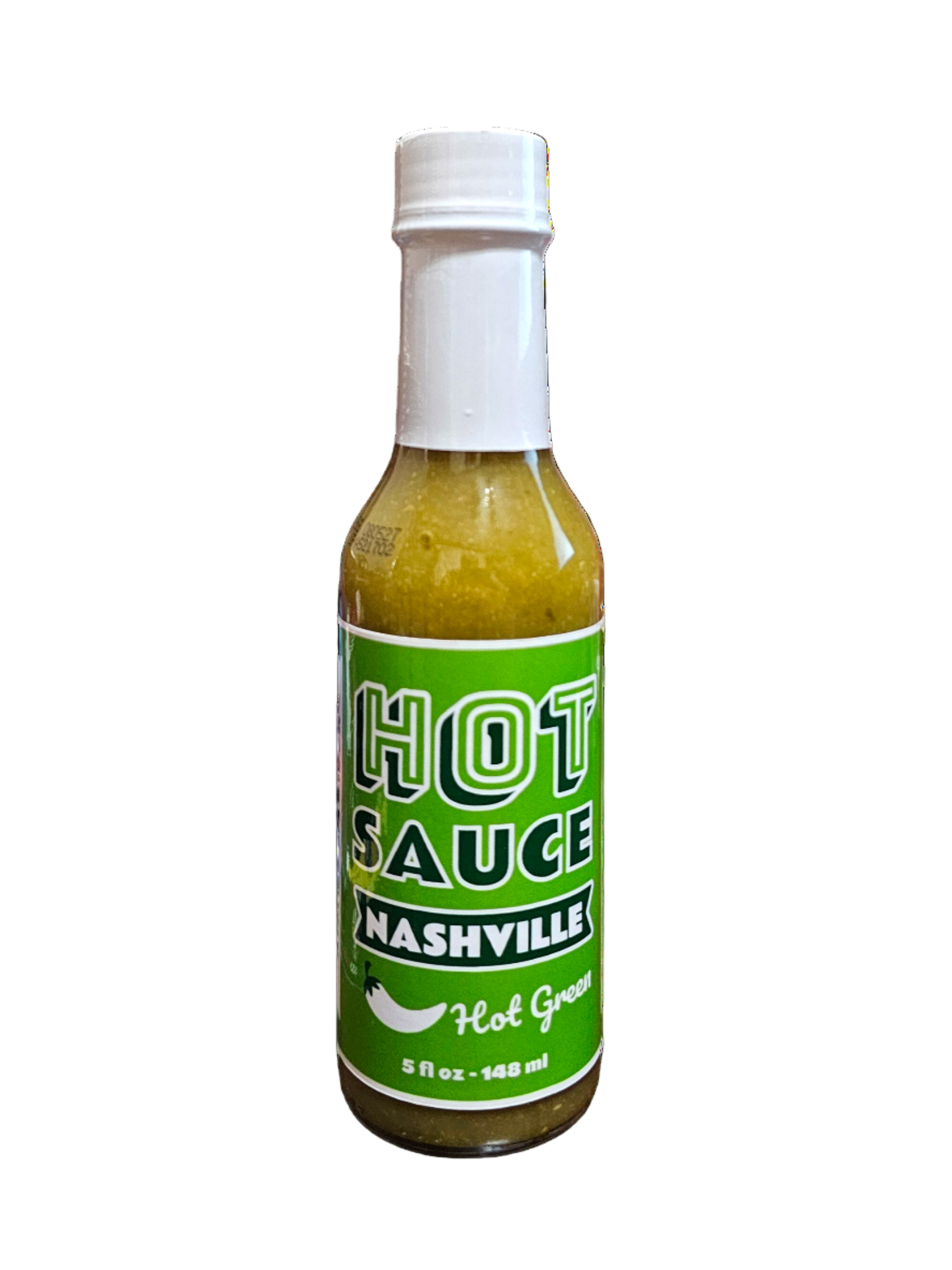 Bottle of Hot Green Nashville Hot Sauce on a white background