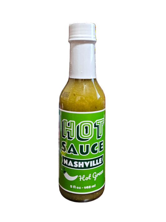 Bottle of Hot Green Nashville Hot Sauce on a white background