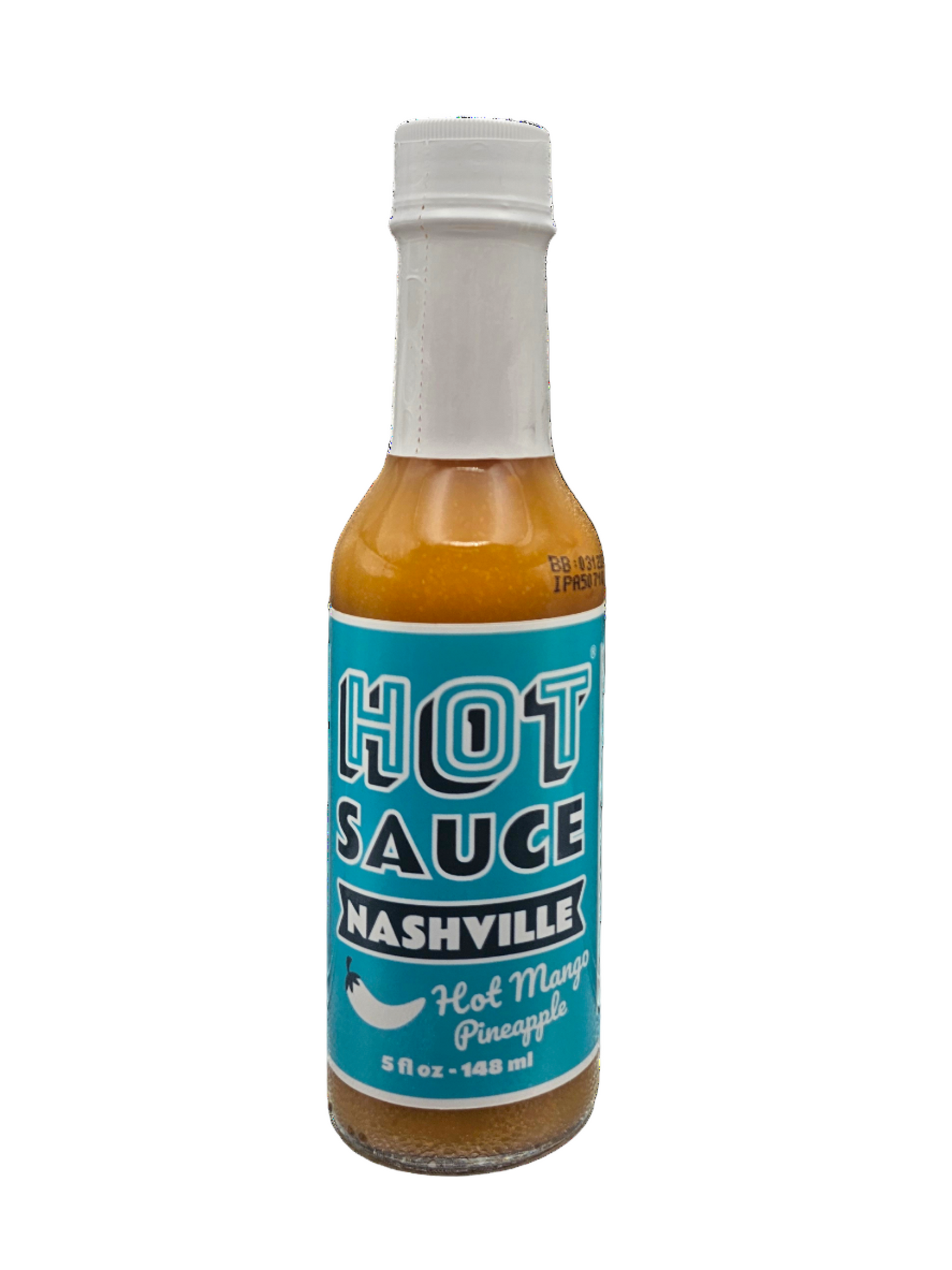 Bottle of Hot Mango Pineapple Nashville hot sauce on a white background