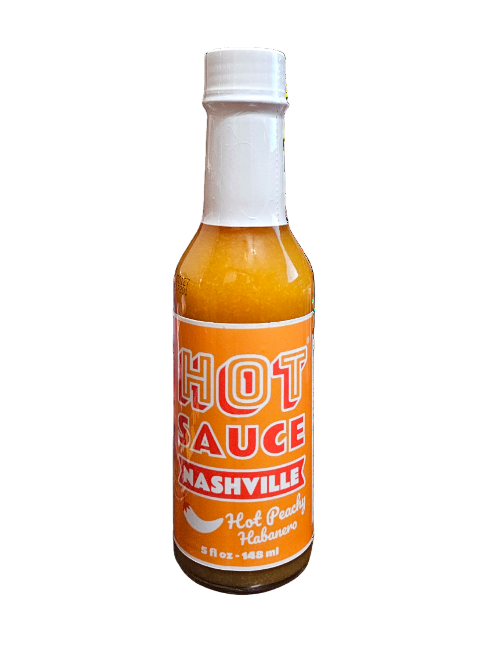 Bottle of Nashville Hot Peachy Habanero Sauce on a white background