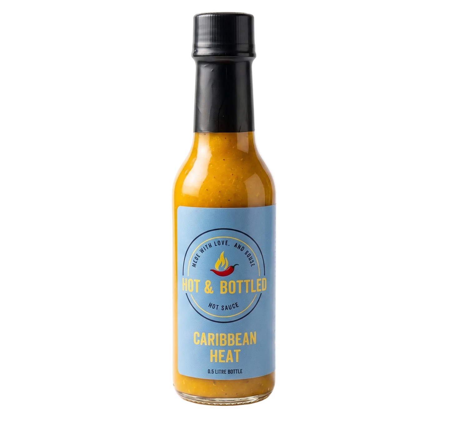 Bottle of 'Hot & Bottled' Caribbean Heat hot sauce on a white background