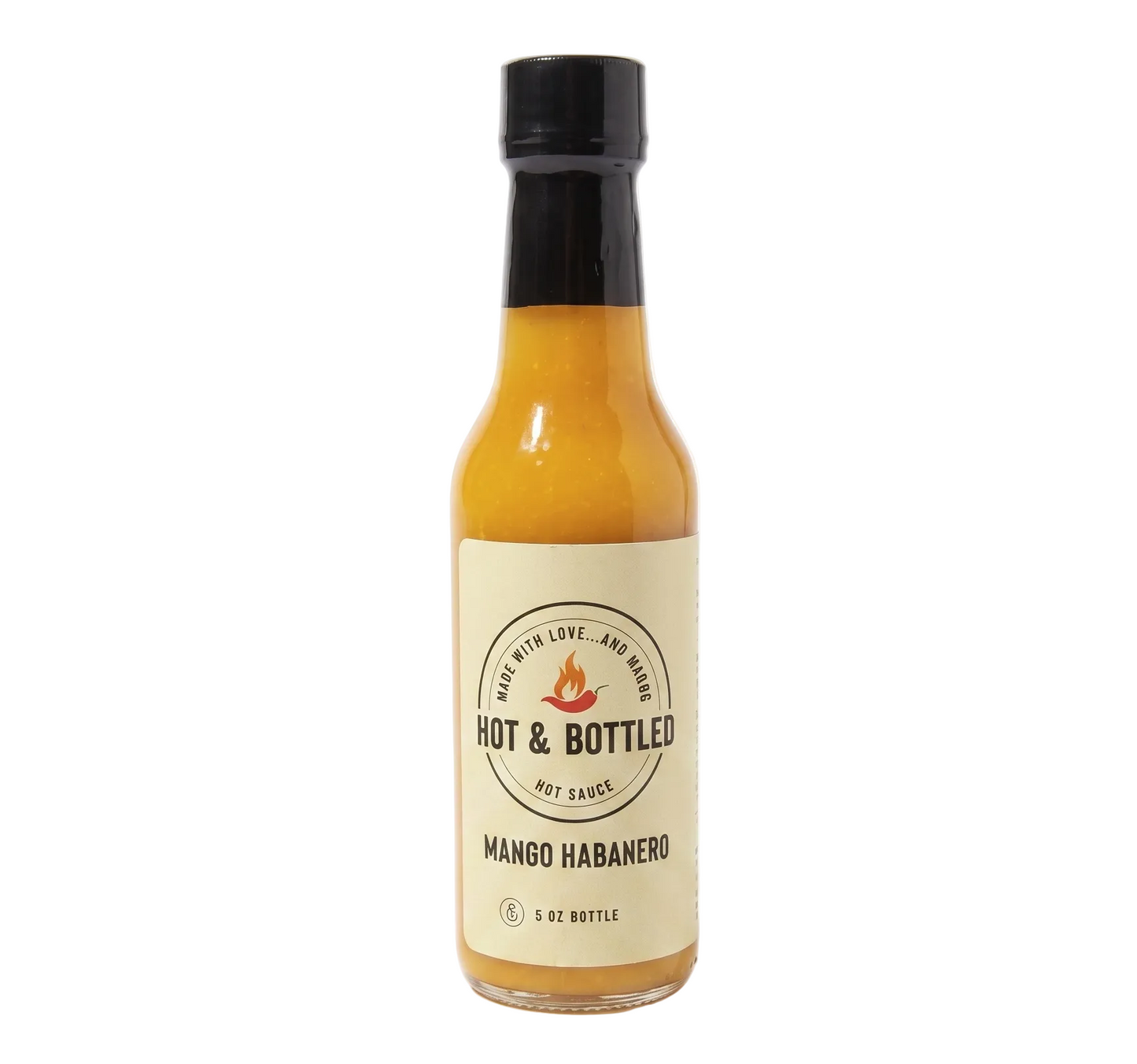Bottle of Hot & Bottled Mango Habanero hot sauce on a white background