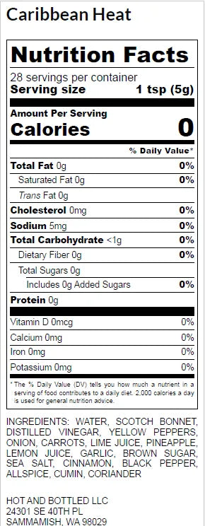 Nutrition facts label for a product with 28 servings per container, serving size of 1 tsp (5g), and 0 calories.