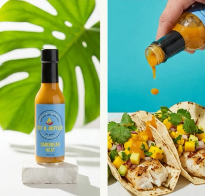 Hot sauce bottle with a blue label next to a dish of fish tacos with sauce being poured over them.