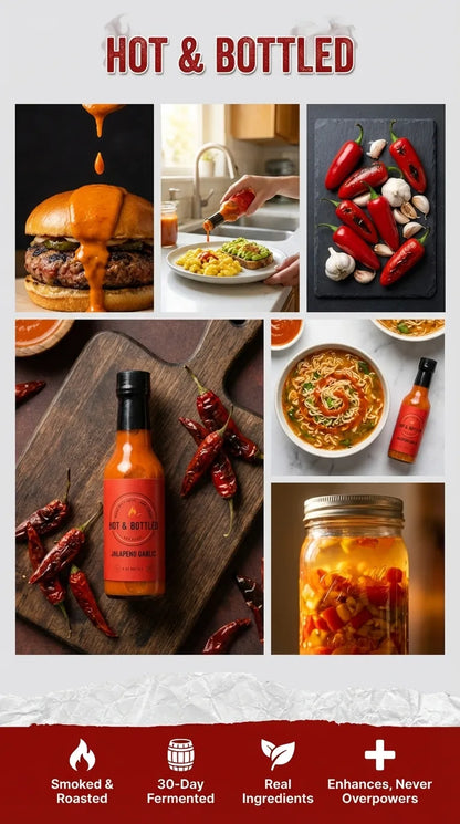 Collage of images featuring hot sauce, food, and ingredients with 'Hot & Bottled' branding.