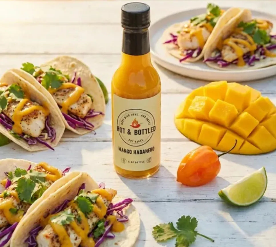 Bottle of hot sauce with tacos and mango on a wooden surface