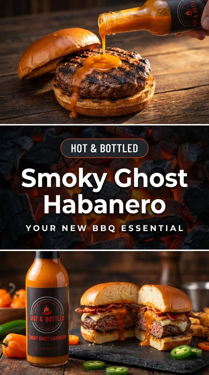 Hot & Bottled Smoky Ghost Habanero sauce being poured over a burger on a wooden surface.
