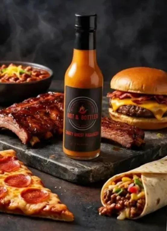 Bottle of hot sauce on a platter with ribs, burger, pizza, and burrito.
