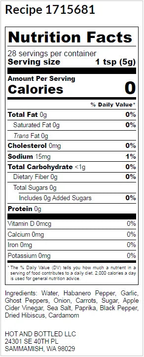 Nutrition facts label for a product with 0 calories per serving