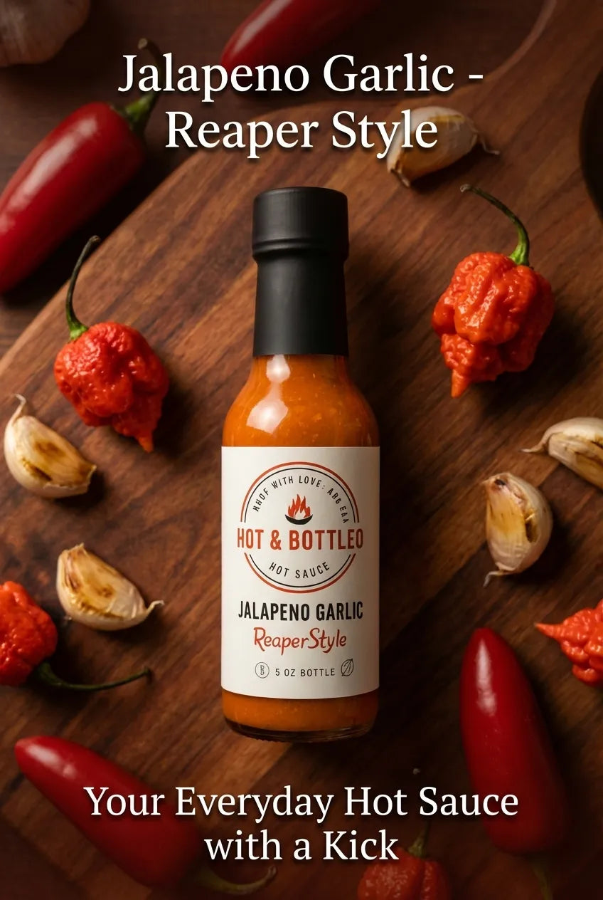 Hot sauce bottle labeled 'Jalapeno Garlic Reaper Style' on a wooden surface with peppers and garlic.