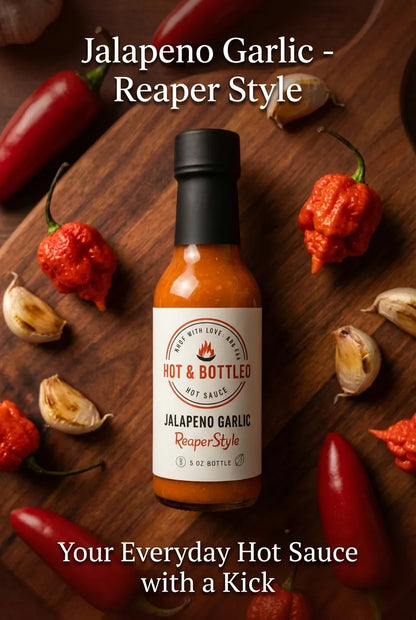 Hot sauce bottle labeled 'Jalapeno Garlic Reaper Style' on a wooden surface with peppers and garlic.