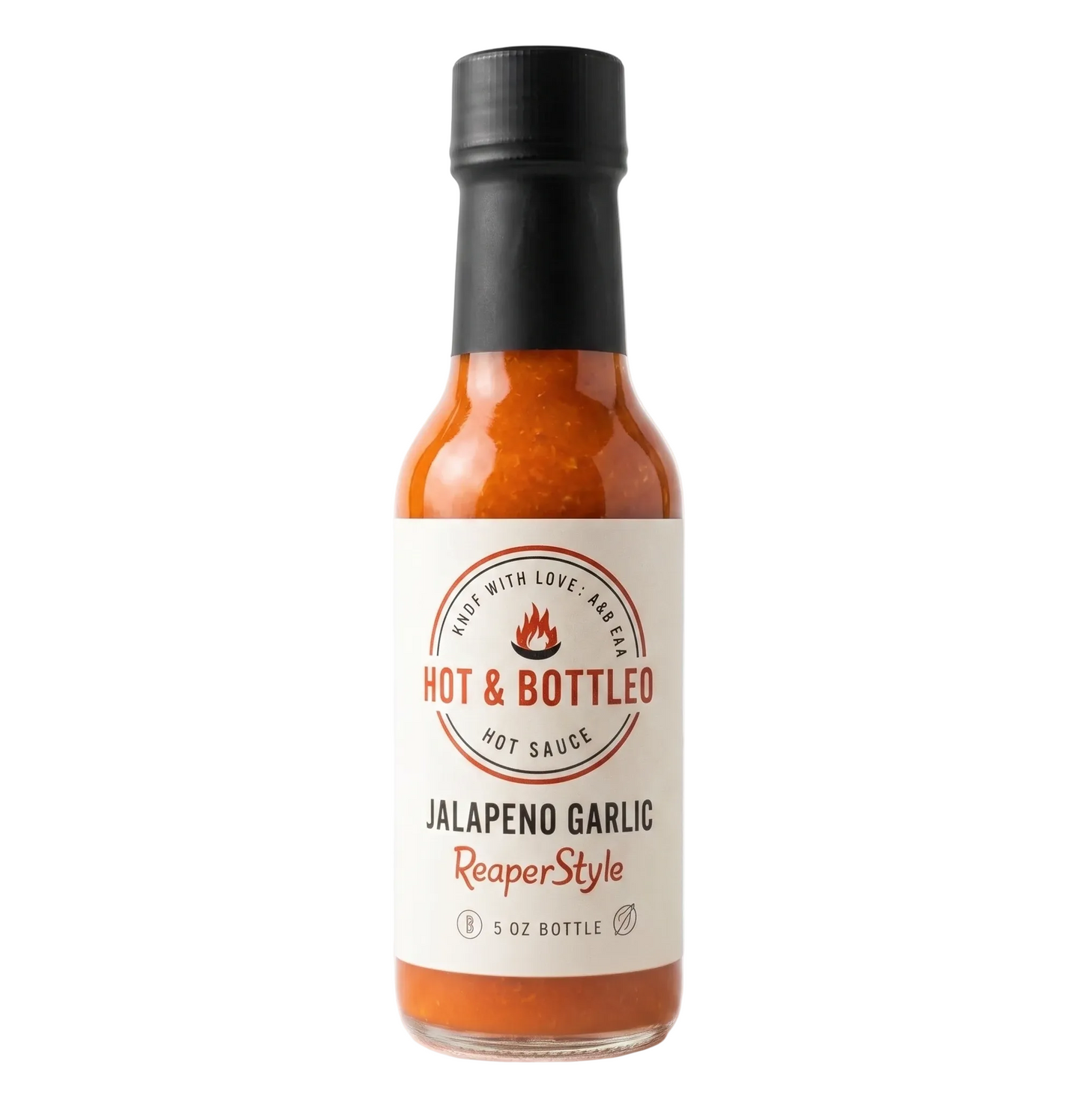 Hot sauce bottle with a black cap on a white background