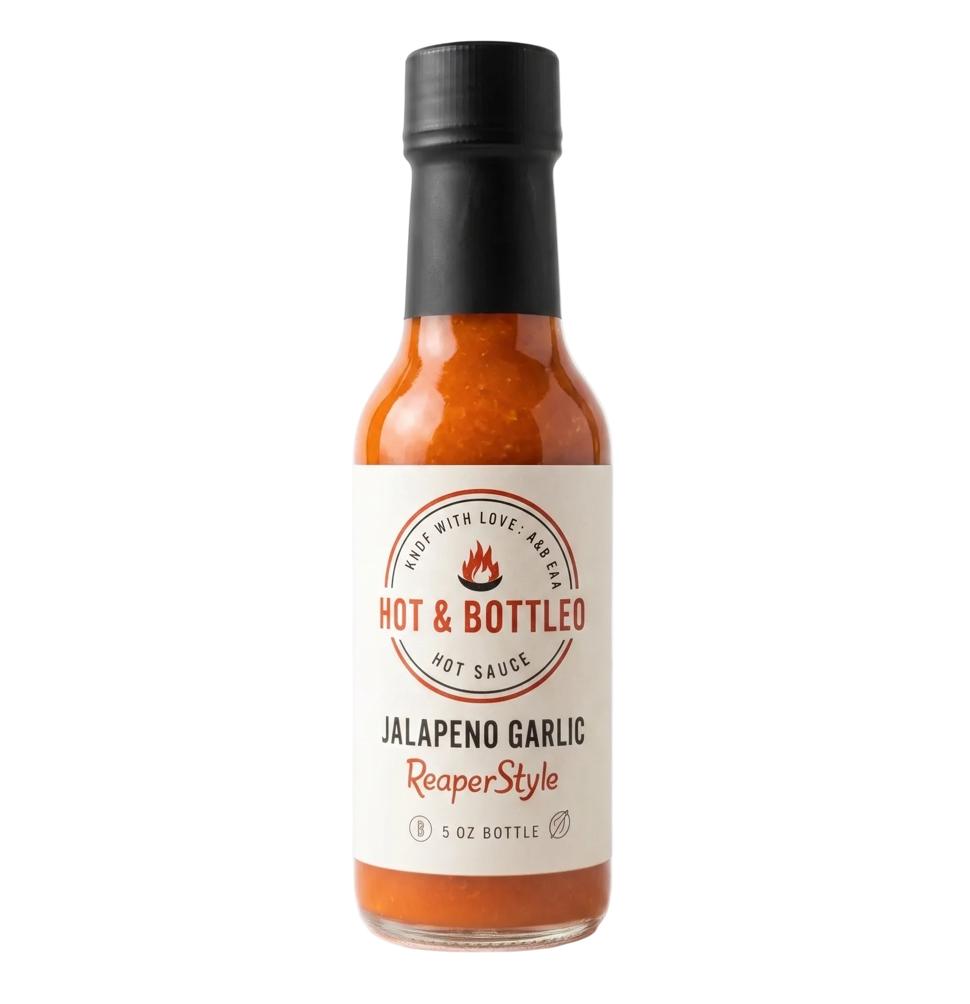 Hot sauce bottle with a black cap on a white background
