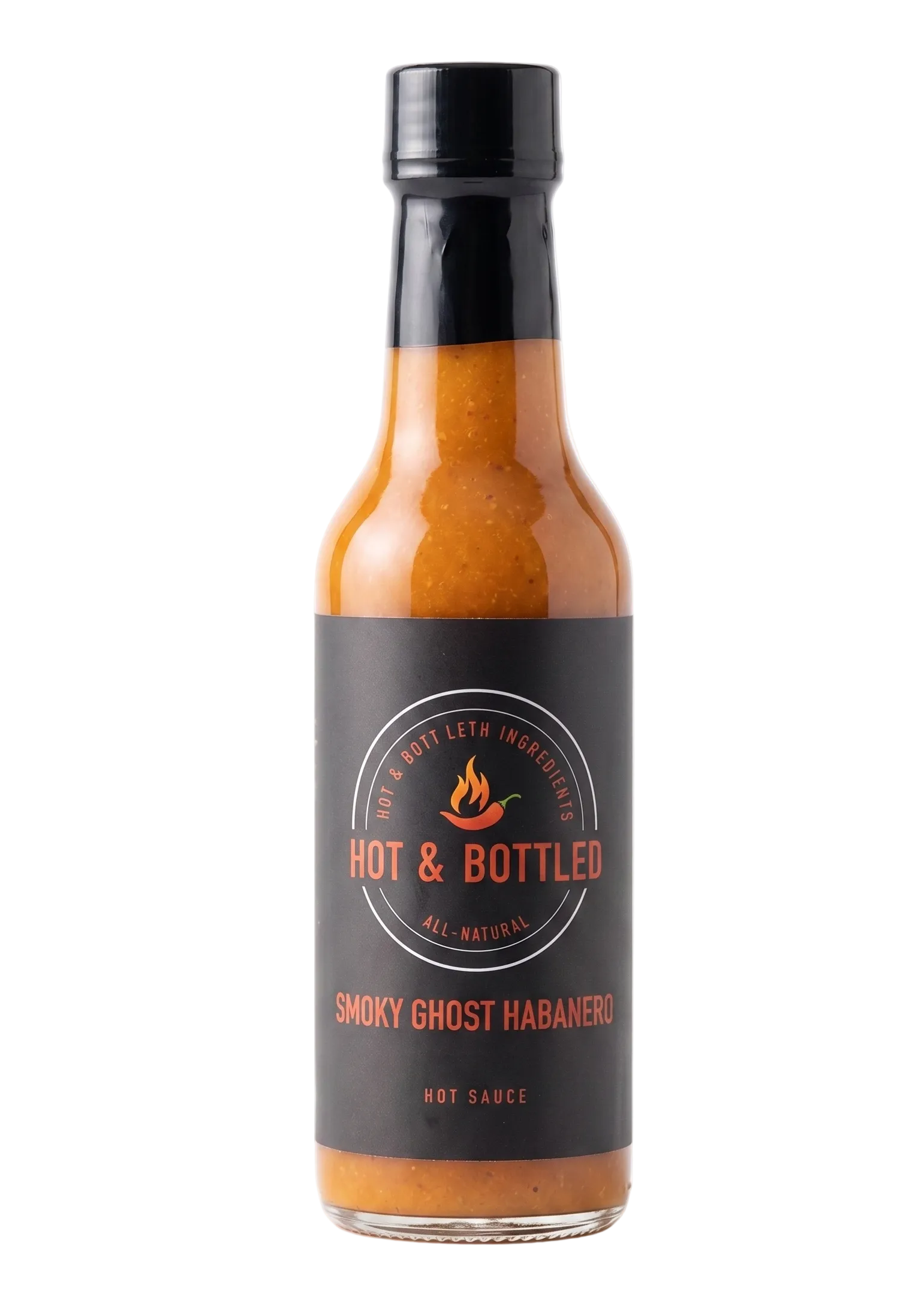 Bottle of Hot & Bottled Smoky Ghost Habanero hot sauce on a white background