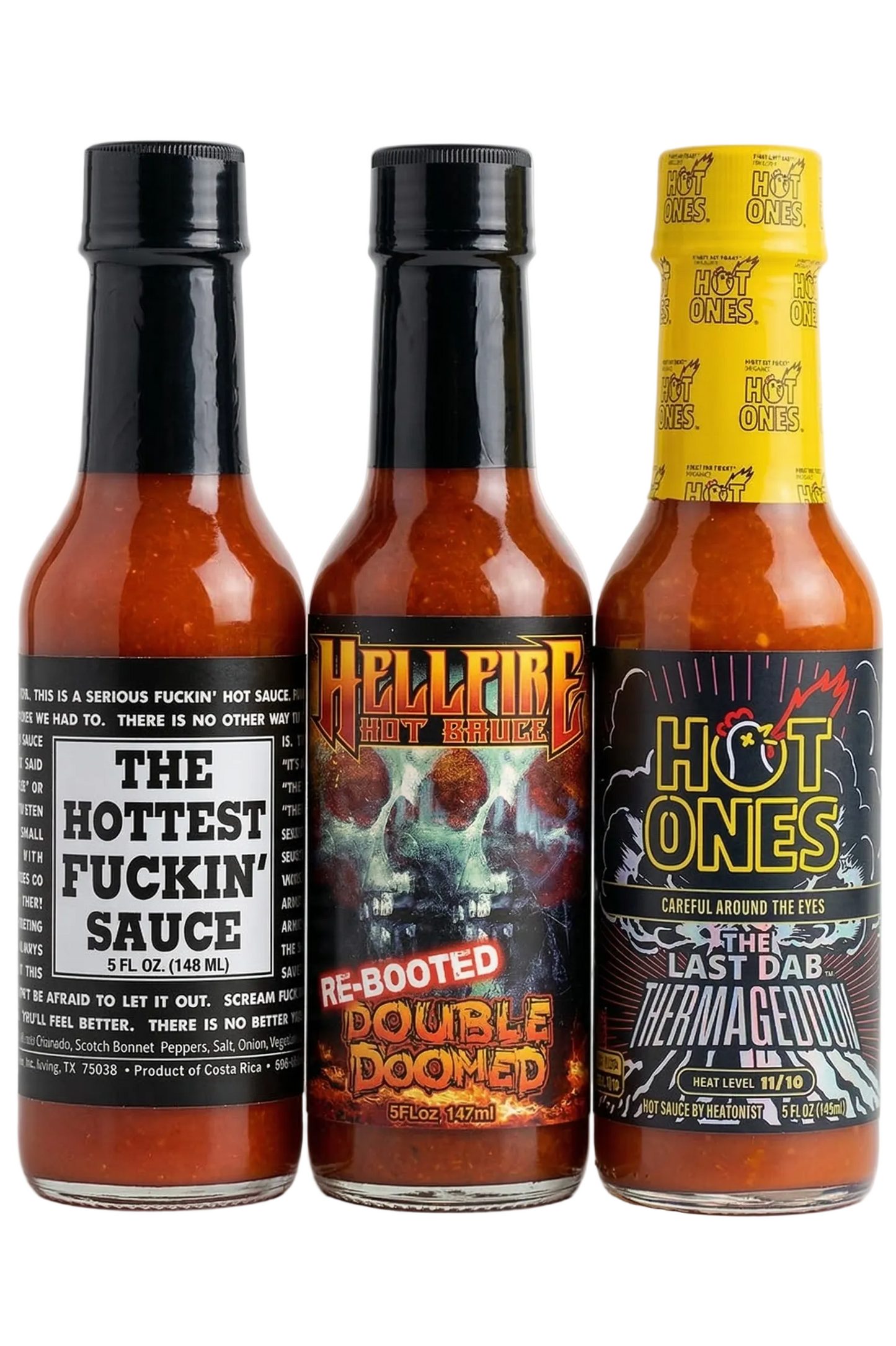 Bottle of The Hottest Fuckin hot sauce, Hellfire Double Doomed Hot Sauce and Hot Ones Last Dab Thermageddon hot sauce