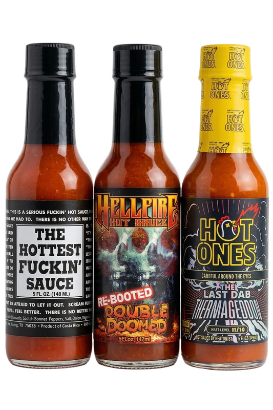 Bottle of The Hottest Fuckin hot sauce, Hellfire Double Doomed Hot Sauce and Hot Ones Last Dab Thermageddon hot sauce