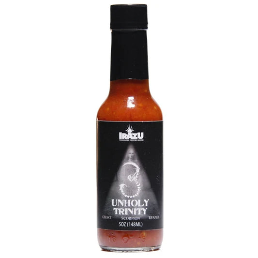 Bottle of Irazu Unholy Trinity hot sauce on a white background