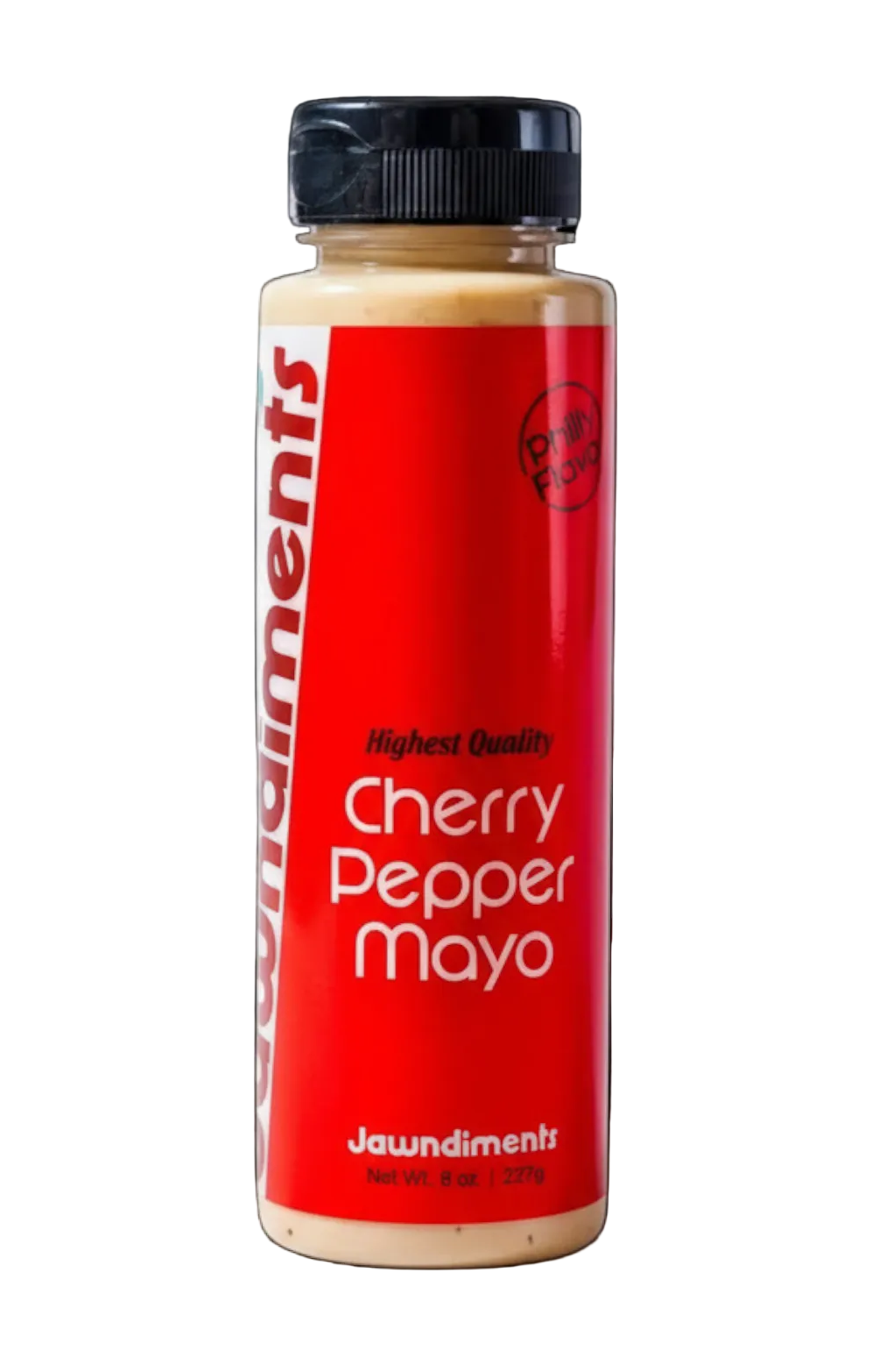 Bottle of Jawndiments Cherry Pepper Mayo on a white background