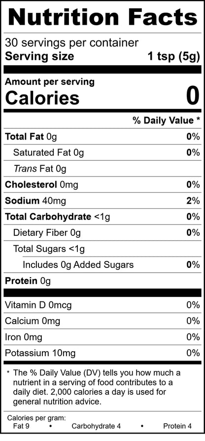 Nutrition facts label for a product with 0 calories per serving