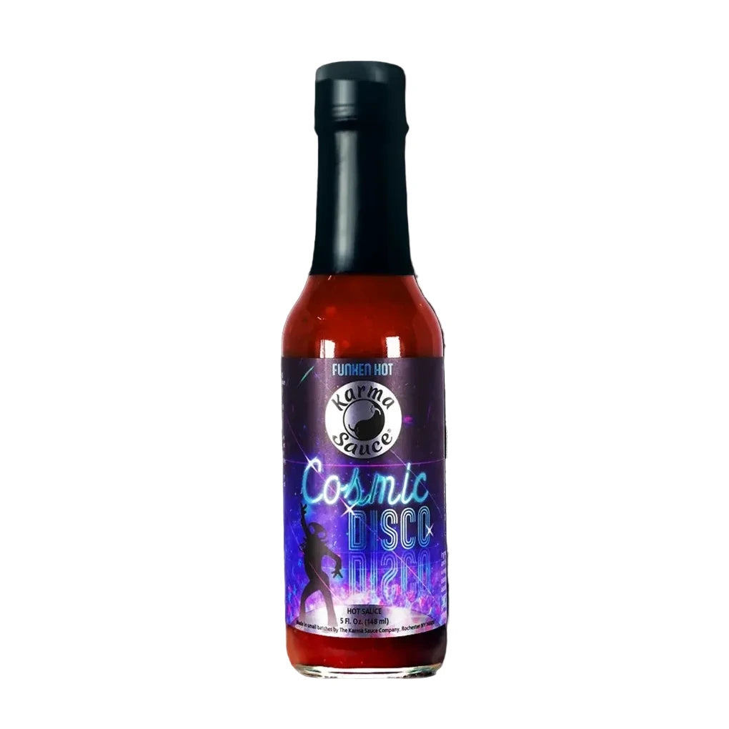 Bottle of Cosmic Disco hot sauce with a colorful label on a white background
