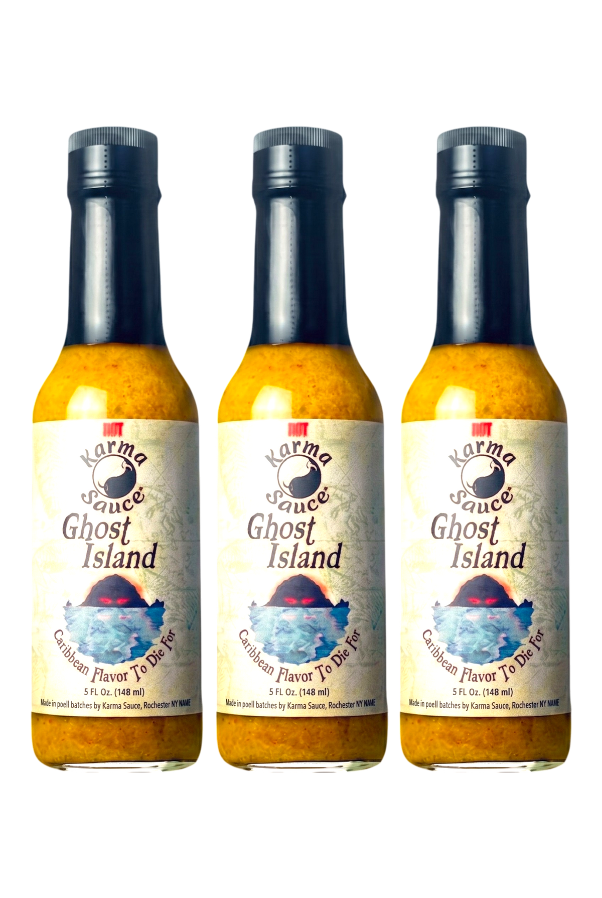 Three bottles of Karma Sauce Ghost Island Caribbean Flavor To Die For arranged side by side on a plain white background.