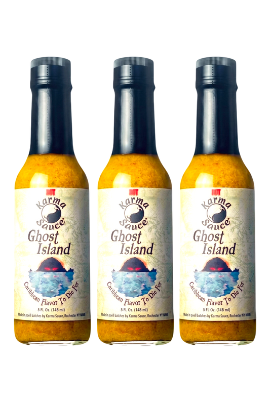 Three bottles of Karma Sauce Ghost Island Caribbean Flavor To Die For arranged side by side on a plain white background.