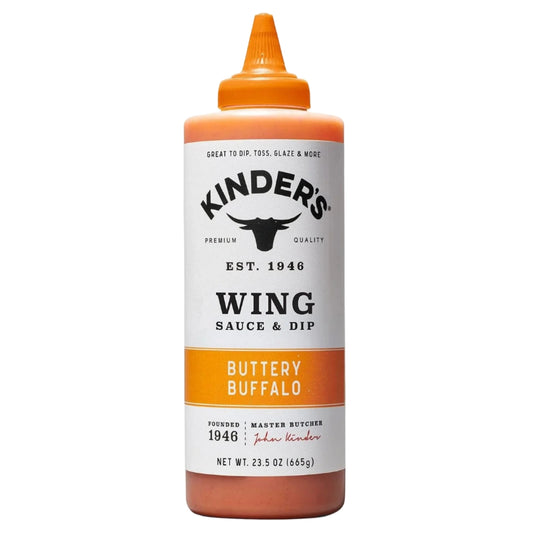 Bottle of Kinder's Buttery Buffalo Wing Sauce & Dip on a white background