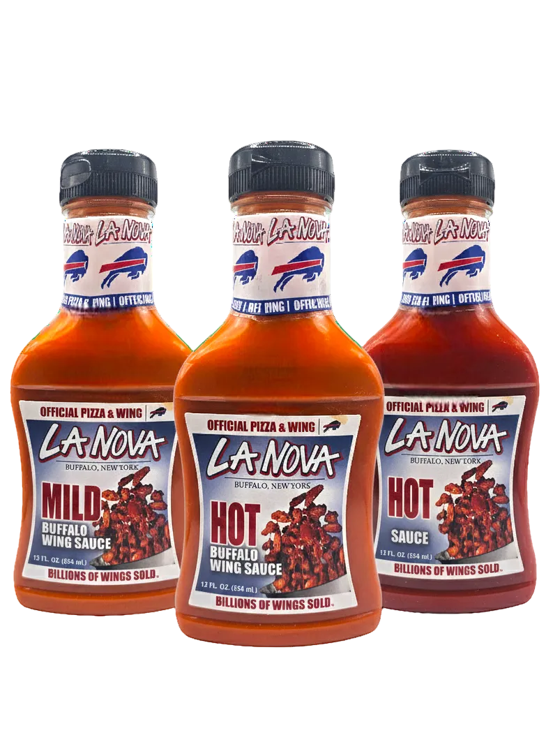 Three bottles of La Nova hot sauce on a white background