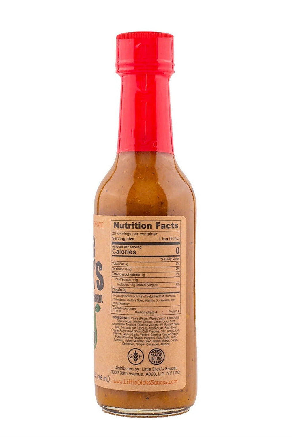 Bottle of Little Dick's Ghost Pepper Pear hot sauce with a red cap on a white background