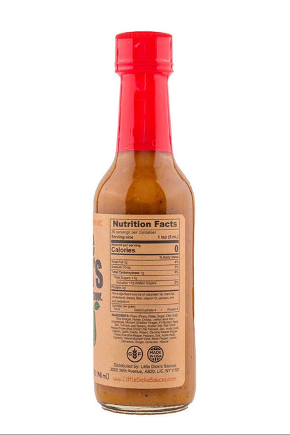 Bottle of Little Dick's Ghost Pepper Pear hot sauce with a red cap on a white background