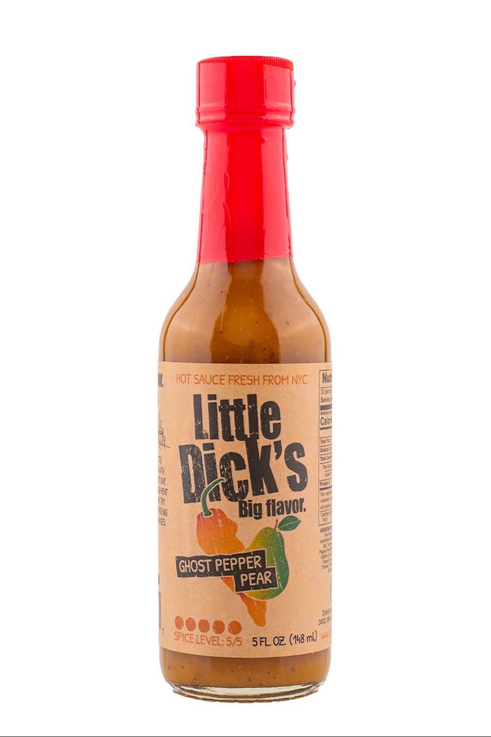 Bottle of Little Dick's Ghost Pepper Pear hot sauce with a red cap on a white background