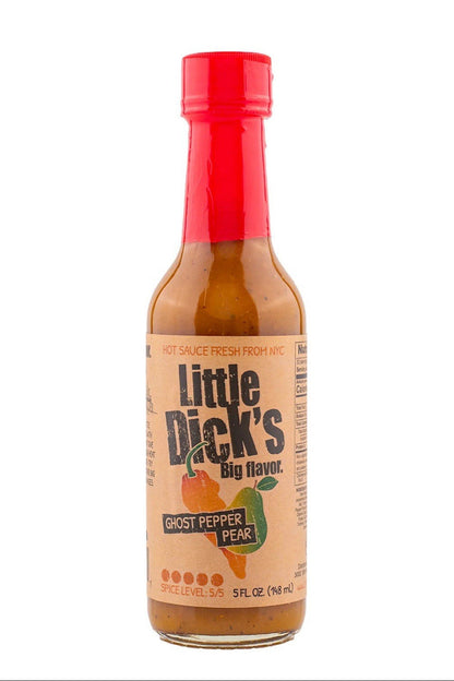 Bottle of Little Dick's Ghost Pepper Pear hot sauce with a red cap on a white background