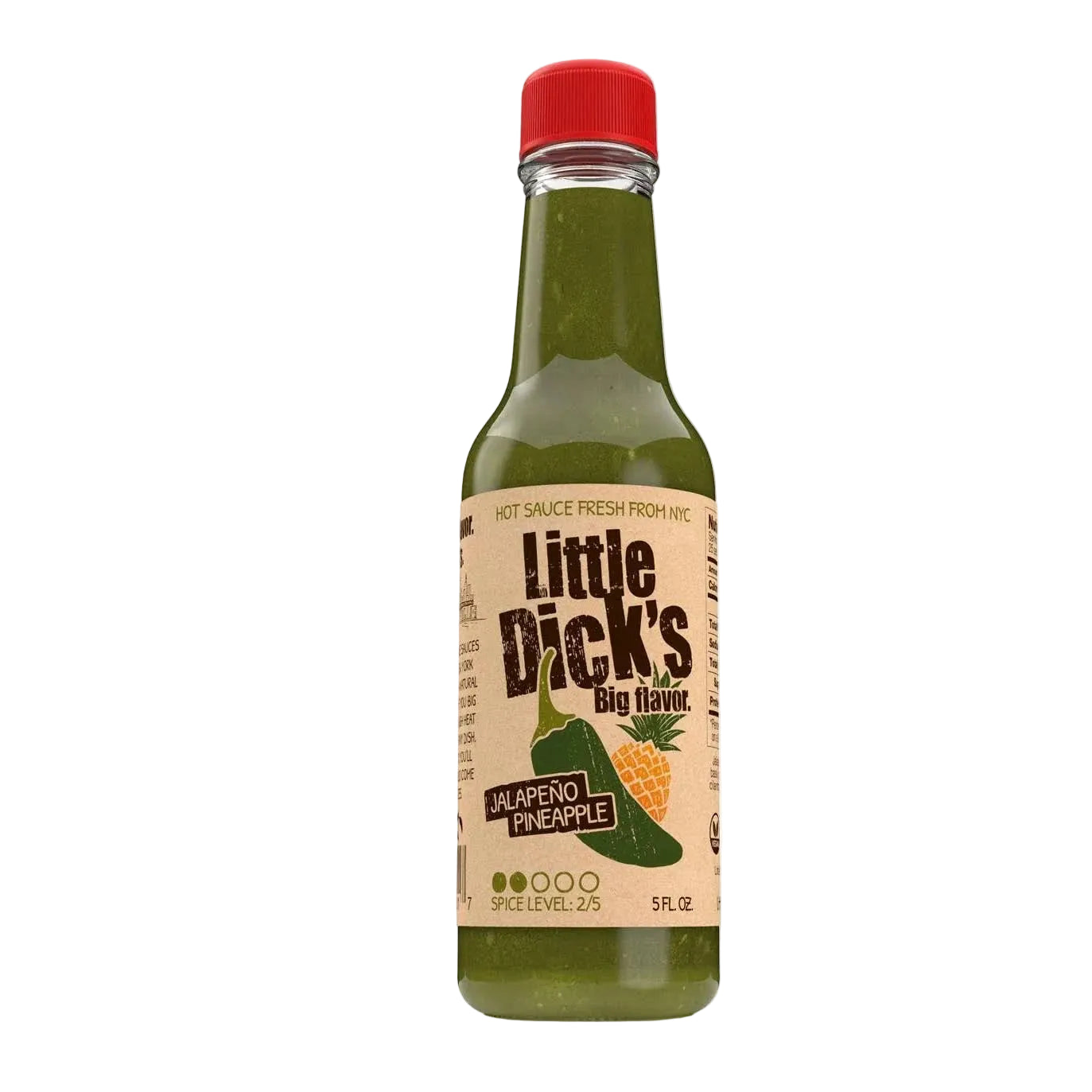 Bottle of Little Dick's Jalapeno Pineapple hot sauce on a white background